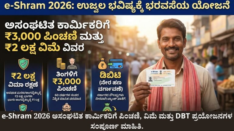 e-Shram 2026 ಯೋಜನೆಯಡಿ ₹3,000 ಪಿಂಚಣಿ ಮತ್ತು ₹2 ಲಕ್ಷ ವಿಮೆ ವಿವರ