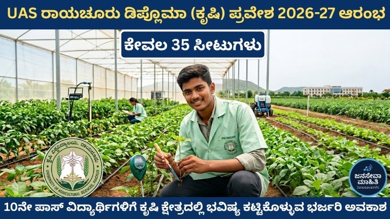 UAS Raichur Diploma Agriculture Admission 2026 10ನೇ ಪಾಸ್ ವಿದ್ಯಾರ್ಥಿಗಳಿಗೆ 35 ಸೀಟುಗಳ ಭರ್ಜರಿ ಅವಕಾಶ