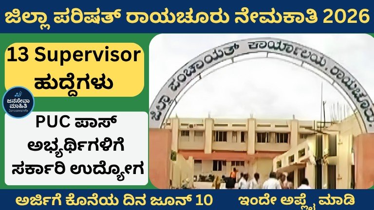 Zilla Parishad Raichur Recruitment 2026 ಜಿಲ್ಲಾ ಪರಿಷತ್ ರಾಯಚೂರು ನೇಮಕಾತಿ 2026 – 13 Supervisor ಹುದ್ದೆಗಳಿಗೆ PUC ಪಾಸ್ ಅಭ್ಯರ್ಥಿಗಳಿಂದ ಅರ್ಜಿ ಆಹ್ವಾನ