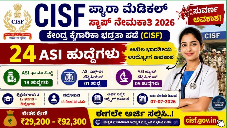 CISF Paramedical Staff Recruitment 2026 Kannada Thumbnail – 24 ASI Pharmacist, X-Ray Technician ಮತ್ತು Lab Technician ಹುದ್ದೆಗಳ ನೇಮಕಾತಿ