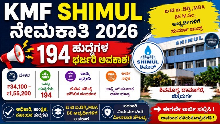 KMF SHIMUL Recruitment 2026 ರ 194 ಹುದ್ದೆಗಳ ಭರ್ಜರಿ ಉದ್ಯೋಗಾವಕಾಶದ ಕನ್ನಡ ಥಂಬ್ನೇಲ್, ₹1.55 ಲಕ್ಷ ವೇತನ ಹಾಗೂ ITI, Degree, MBA ಅಭ್ಯರ್ಥಿಗಳಿಗೆ ಅರ್ಜಿ ಆಹ್ವಾನ.