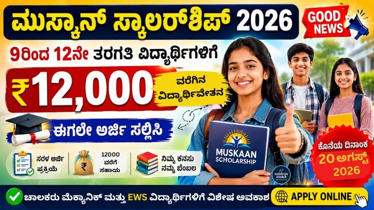 Muskaan Scholarship 2026 ಅಡಿಯಲ್ಲಿ 9ರಿಂದ 12ನೇ ತರಗತಿ ವಿದ್ಯಾರ್ಥಿಗಳಿಗೆ ₹12,000 ವಿದ್ಯಾರ್ಥಿವೇತನ ನೀಡುವ ಯೋಜನೆಯ ಮಾಹಿತಿ ಚಿತ್ರ