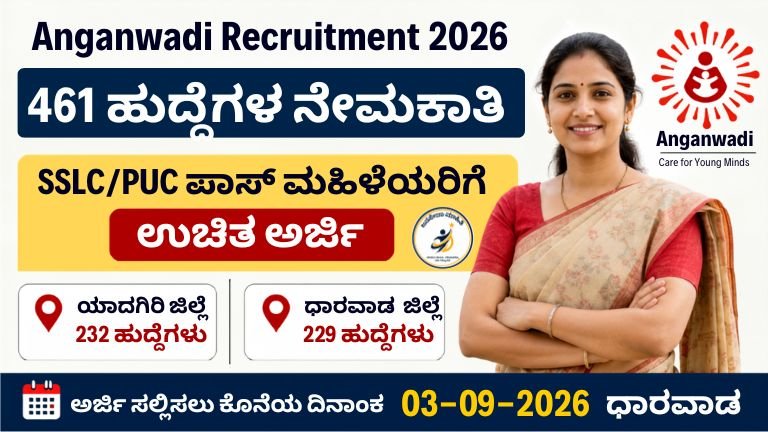 Anganwadi Recruitment 2026 Karnataka thumbnail showing 461 Anganwadi Worker and Helper vacancies in Yadgir and Dharwad districts for SSLC and PUC pass women candidates.