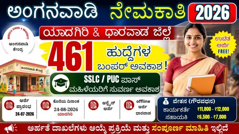 Anganwadi Recruitment 2026 Karnataka thumbnail showing 461 Anganwadi Worker and Helper vacancies in Yadgir and Dharwad districts for SSLC and PUC pass women candidates.