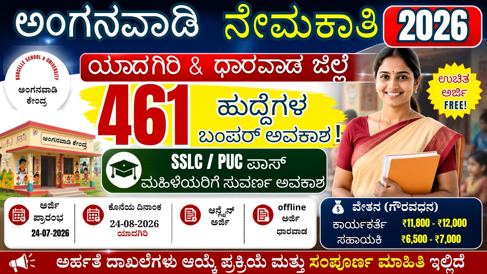 Anganwadi Recruitment 2026 Karnataka thumbnail showing 461 Anganwadi Worker and Helper vacancies in Yadgir and Dharwad districts for SSLC and PUC pass women candidates.