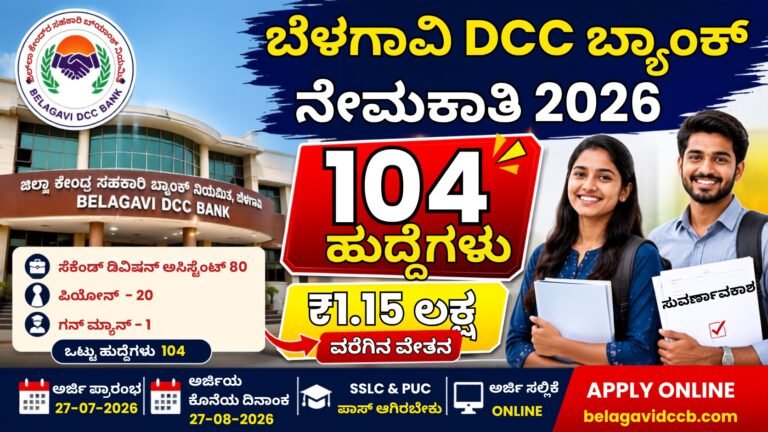 Belagavi DCC Bank Recruitment 2026 thumbnail showing 104 vacancies with salary up to ₹1.15 lakh for SSLC and PUC pass candidates.