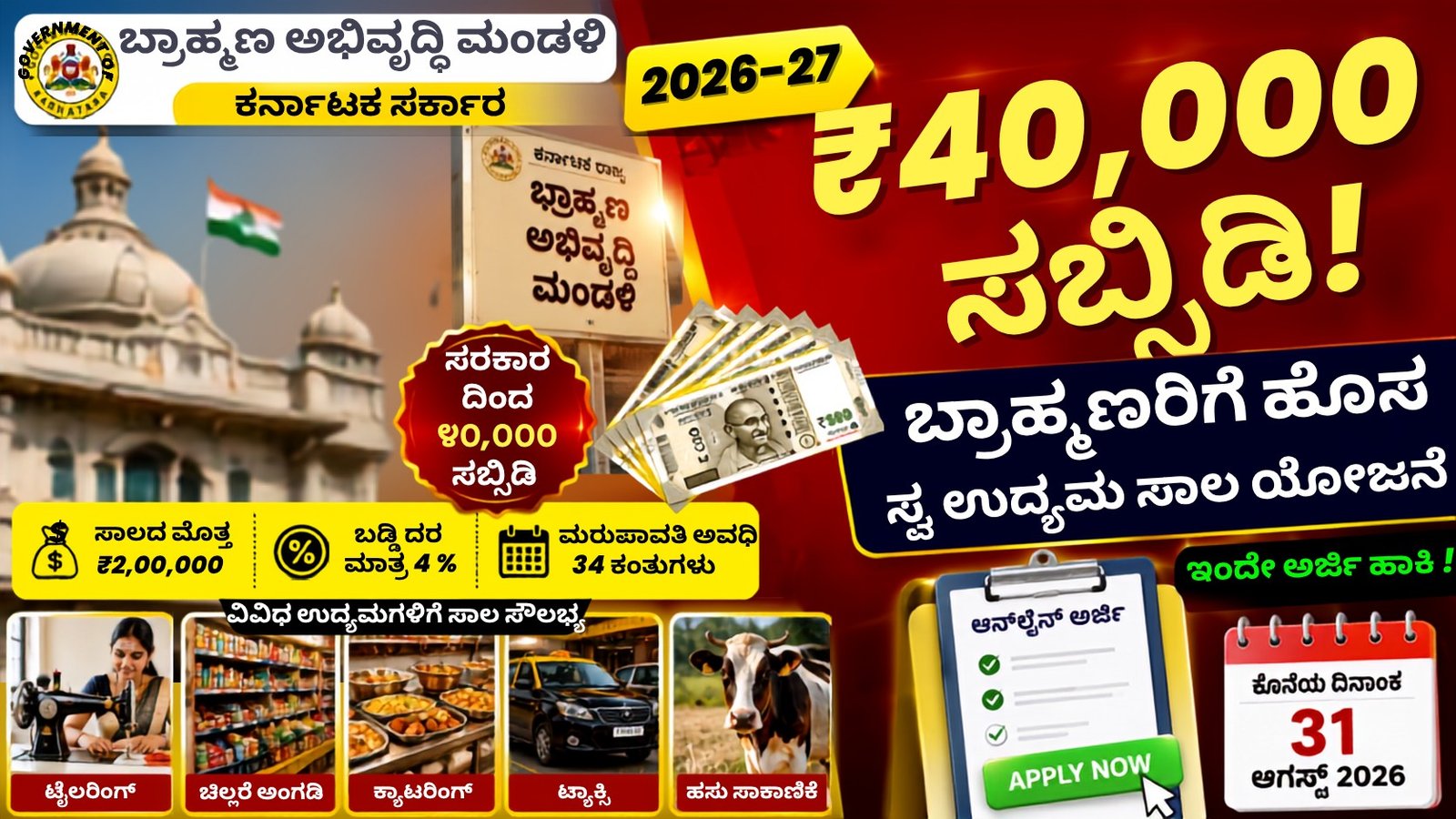 Self Employment Loan 2026-27 ಬ್ರಾಹ್ಮಣ ಸಮುದಾಯದವರಿಗೆ ಕರ್ನಾಟಕ ಸರ್ಕಾರದ ಸ್ವ ಉದ್ಯಮ ಸಾಲ ಯೋಜನೆ 2026-27 ಅಡಿಯಲ್ಲಿ ₹40,000 ಸಬ್ಸಿಡಿ ಹಾಗೂ ₹2 ಲಕ್ಷ ಸಾಲದ ಮಾಹಿತಿ ಹೊಂದಿರುವ ಕನ್ನಡ ಥಂಬ್ನೇಲ್.