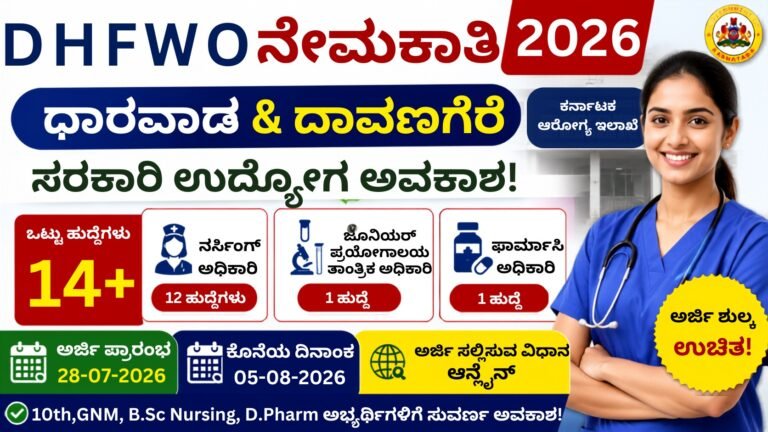 DHFWO Recruitment 2026 Karnataka Nursing Officer, Pharmacy Officer, Lab Technician Jobs Kannada Thumbnail – Dharwad & Davanagere Recruitment