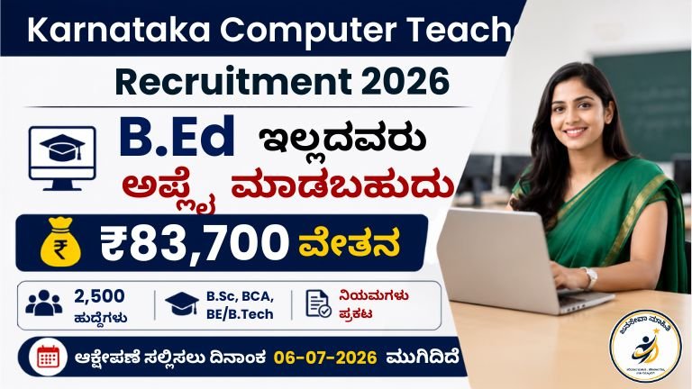 Karnataka Computer Teacher Recruitment 2026 thumbnail showing 2,500 Computer Teacher vacancies with B.Ed not mandatory and salary up to ₹83,700.