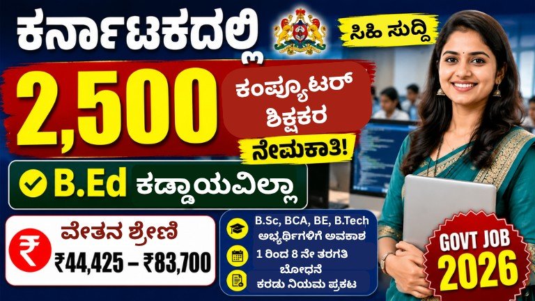 Karnataka Computer Teacher Recruitment 2026 thumbnail showing 2,500 Computer Teacher vacancies with B.Ed not mandatory and salary up to ₹83,700.