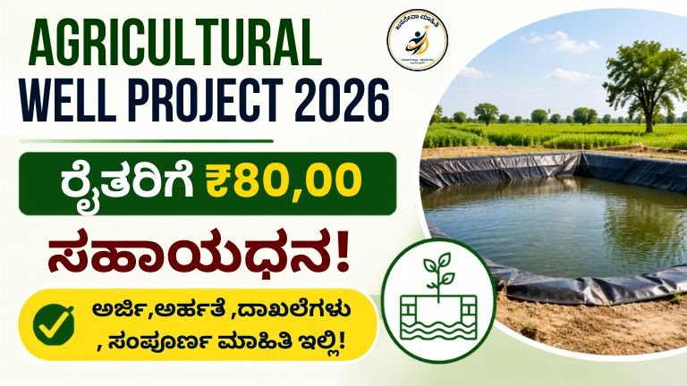 Agricultural Well Project 2026 ಅಡಿಯಲ್ಲಿ ರೈತರಿಗೆ ₹80,000 ಸಹಾಯಧನ ಕೃಷಿ ಹೊಂಡ ಮತ್ತು ಸಂತೋಷದ ರೈತನ ಚಿತ್ರ
