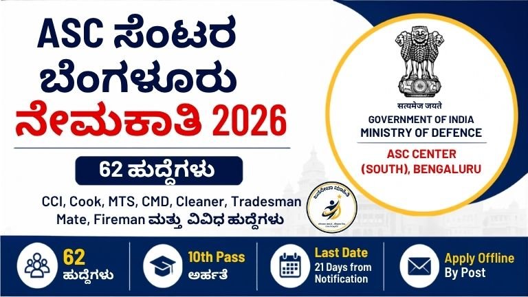 ASC Centre Bangalore Recruitment 2026 – 62 ಹುದ್ದೆಗಳಿಗೆ 10ನೇ ಪಾಸ್ ಅಭ್ಯರ್ಥಿಗಳ ನೇಮಕಾತಿ