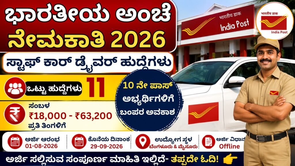 India Post Recruitment 2026 ಸ್ಟಾಫ್ ಕಾರ್ ಡ್ರೈವರ್ ಹುದ್ದೆಗಳ ನೇಮಕಾತಿ, 10ನೇ ಪಾಸ್ ಅಭ್ಯರ್ಥಿಗಳಿಗೆ ₹63,200 ಸಂಬಳದ ಸರ್ಕಾರಿ ಉದ್ಯೋಗ ಅವಕಾಶ