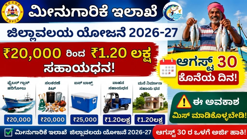 Fisheries Department District Plan 2026-27 ಅಡಿಯಲ್ಲಿ ₹20,000 ರಿಂದ ₹1.20 ಲಕ್ಷ ಸಹಾಯಧನಕ್ಕೆ ಆಗಸ್ಟ್ 30ರೊಳಗೆ ಅರ್ಜಿ ಆಹ್ವಾನಿಸಿರುವ ಮಾಹಿತಿ.