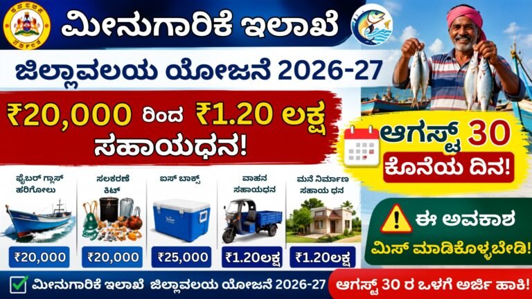 Fisheries Department District Plan 2026-27 ಅಡಿಯಲ್ಲಿ ₹20,000 ರಿಂದ ₹1.20 ಲಕ್ಷ ಸಹಾಯಧನಕ್ಕೆ ಆಗಸ್ಟ್ 30ರೊಳಗೆ ಅರ್ಜಿ ಆಹ್ವಾನಿಸಿರುವ ಮಾಹಿತಿ.