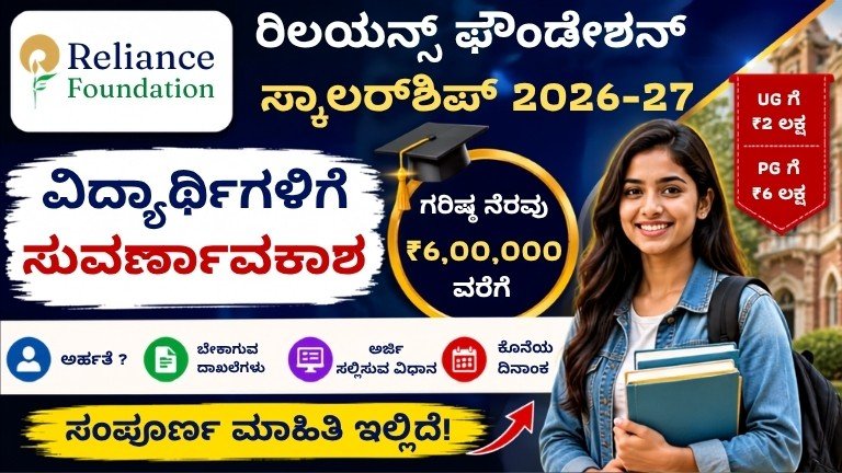 Reliance Foundation Scholarship 2026-27– ವಿದ್ಯಾರ್ಥಿಗಳಿಗೆ ₹6 ಲಕ್ಷದವರೆಗೆ ನೆರವು