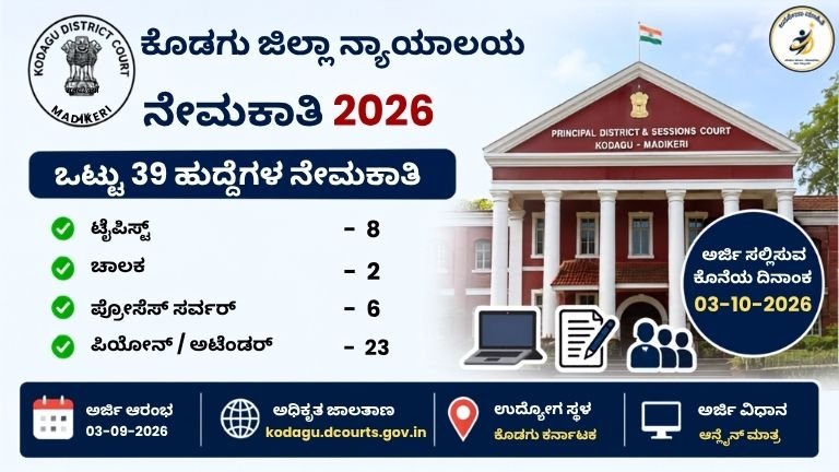 Kodagu District Court Recruitment 2026 – 39 ಹುದ್ದೆಗಳ ನೇಮಕಾತಿ ಮಾಹಿತಿ